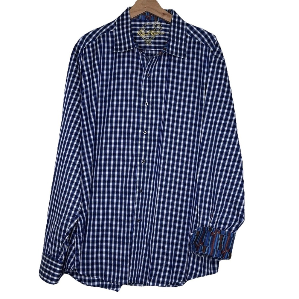 Robert Graham Button Up Shirt Men 3XL‎ Blue Check Flip Cuffs Western Aztec Artsy